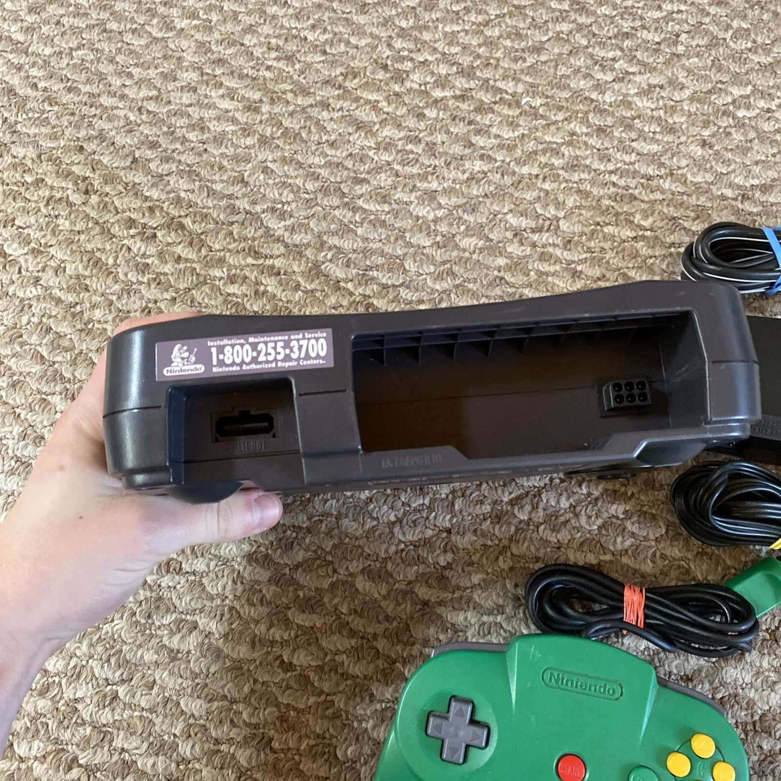 Nintendo 64 Black Console N64 w/ Green Controller Power & AV Cables ALL OEM