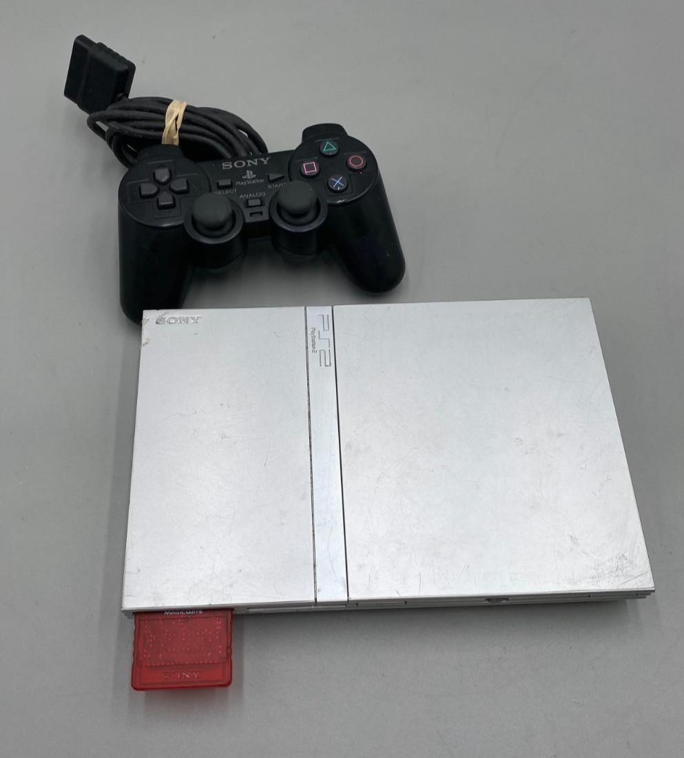 Sony PlayStation 2 Slim PS2 SPCH-79001 Gaming Console Silver+ Black Controller C