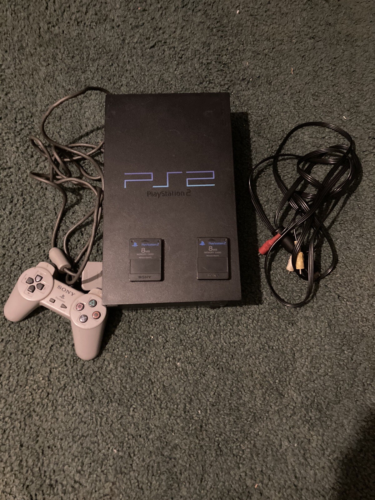 Black PlayStation 2 /w Cables And Controller + 8MB Memory Cards