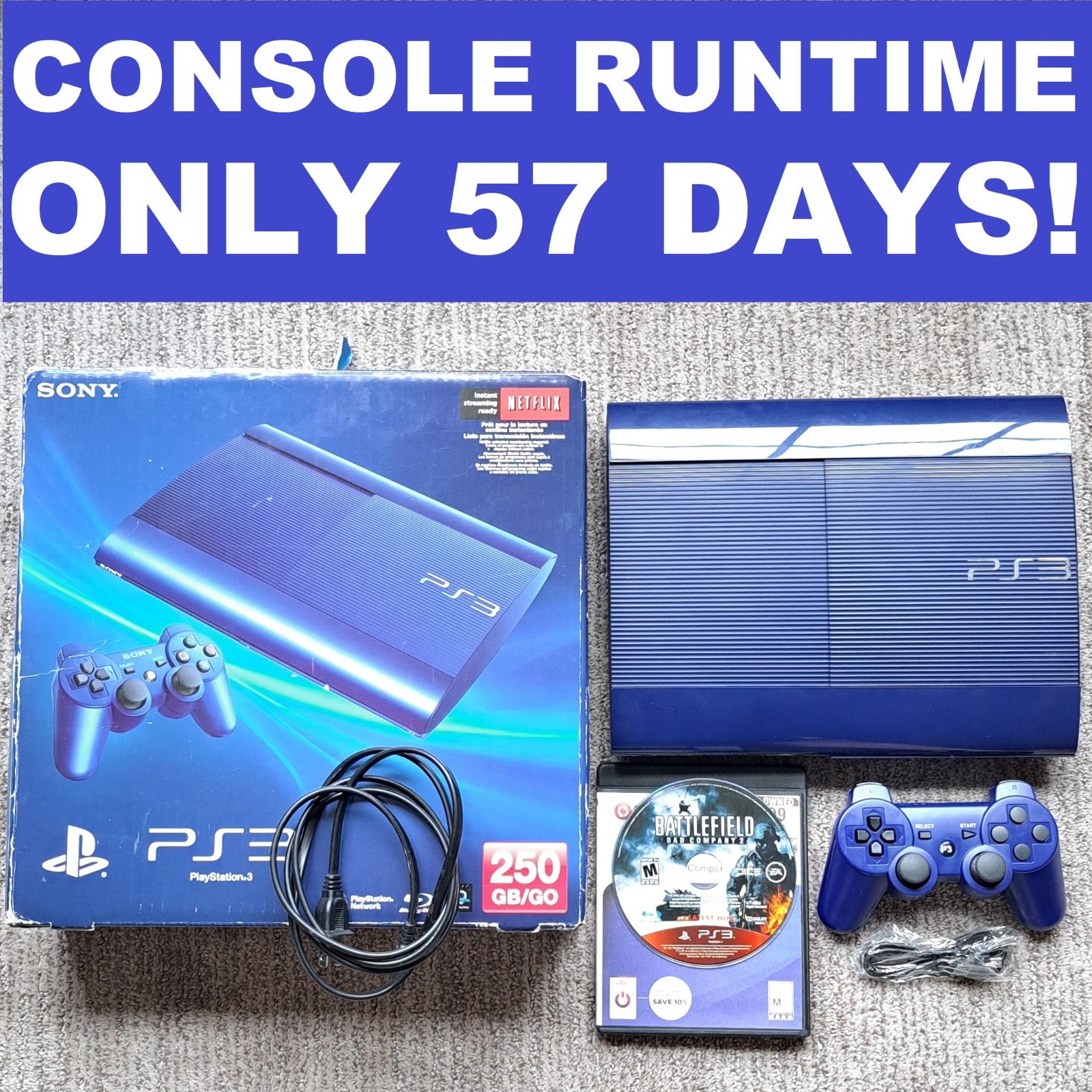 ✅Sony Playstation 3 PS3 Super Slim 250 GB Azurite Blue Console w Box *Low Hours*