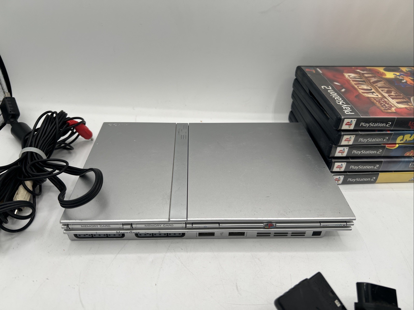 Sony PS2 Slim Silver Console Bundle – Console/5 Games/3 Controller/Cables