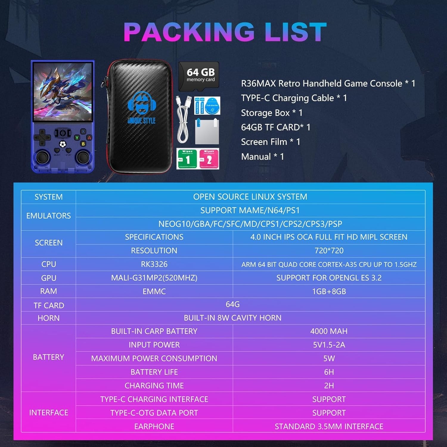 R36MAX Handheld Console – 4000mAh Battery & 18,000+ Games for Endless Fun