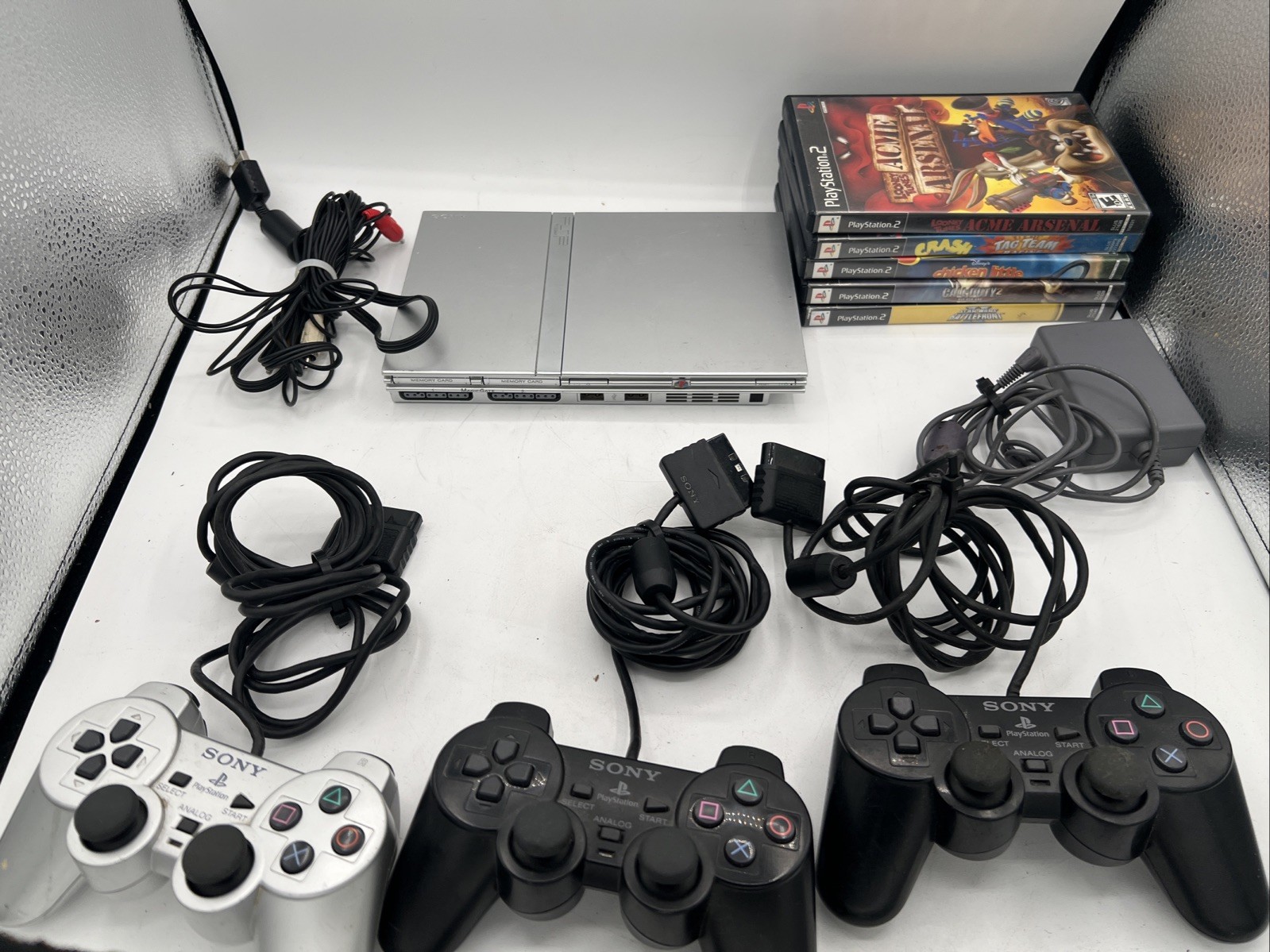 Sony PS2 Slim Silver Console Bundle – Console/5 Games/3 Controller/Cables