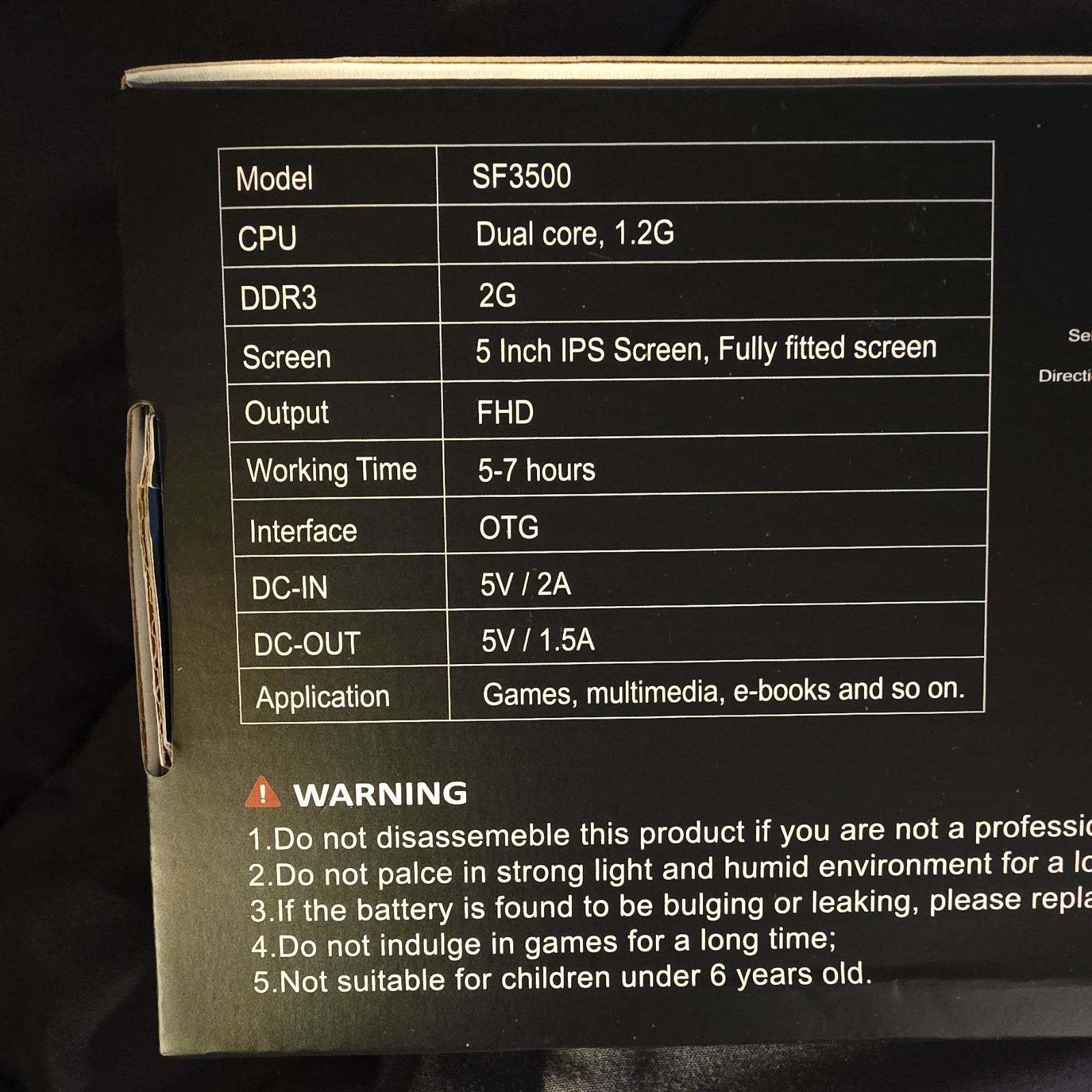 SF3500 Handheld Console 5″ IPS FHD Display Black OTG TYPE-C AUX Portable System