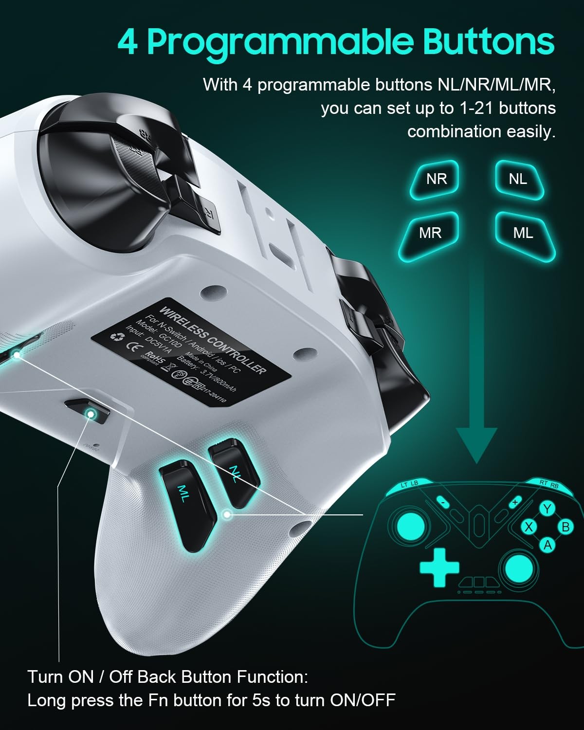 Dual Hall Effect PC Controller-No Drift No Dead Zone, Bluetooth White