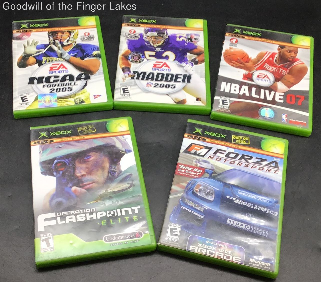 5 Xbox Games including NCAA 2005, Madden 2005, NBA Live 07, Flashpoint & Forza