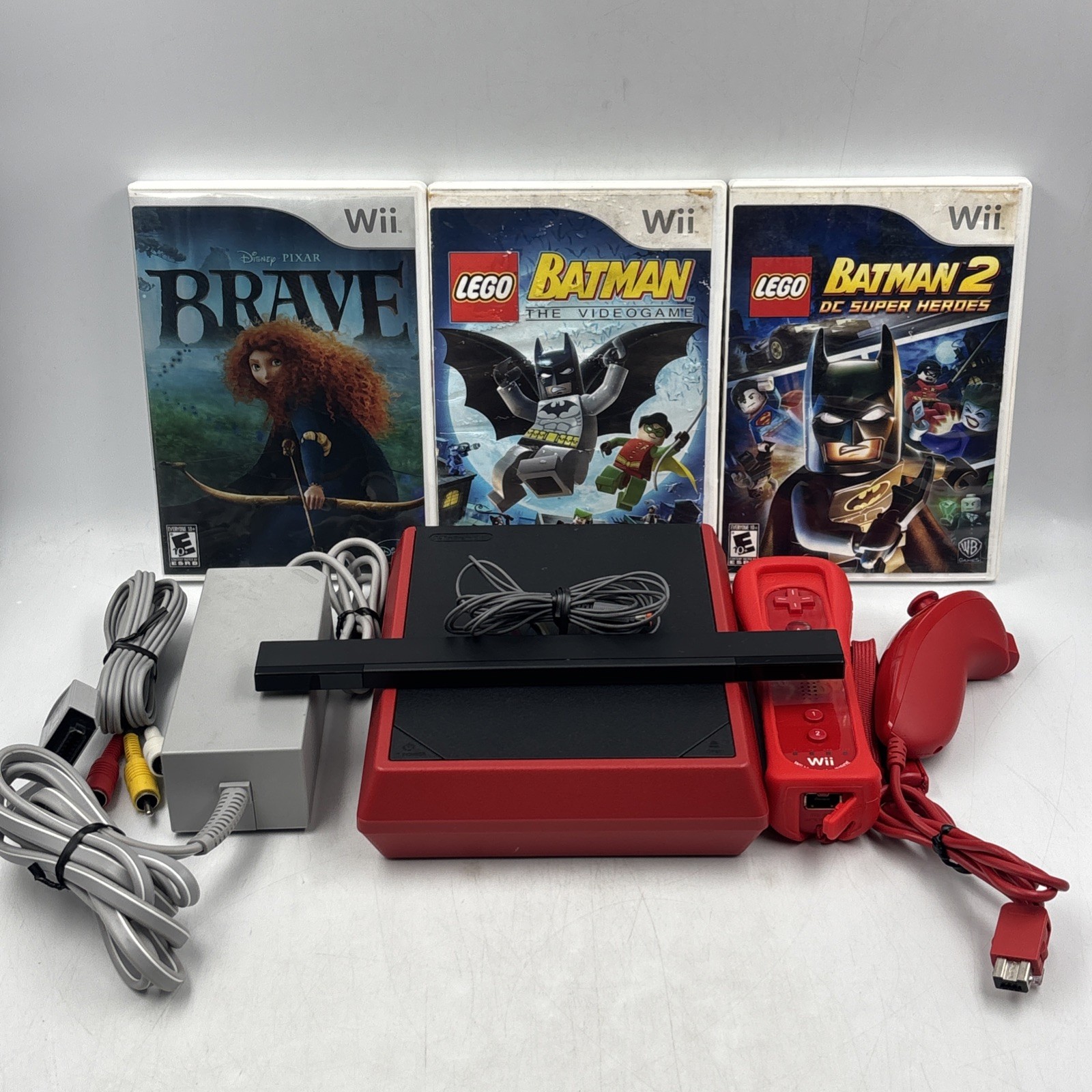 Nintendo Red Wii Mini W/Hookups, 1 Controller, Nunchuck, Sensor & 3 Games Tested