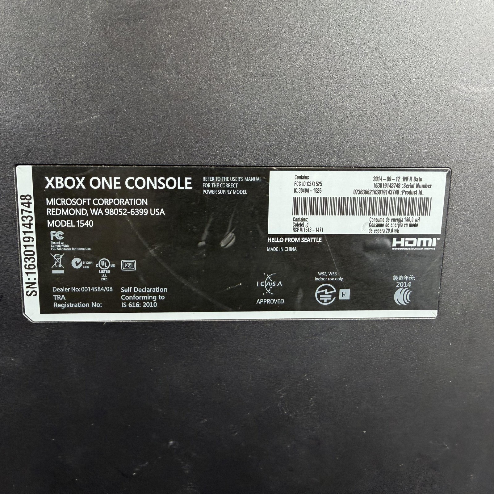 Microsoft Xbox One Console Model 1540 Black Power Supply HDMI Tested NTSC-U/C