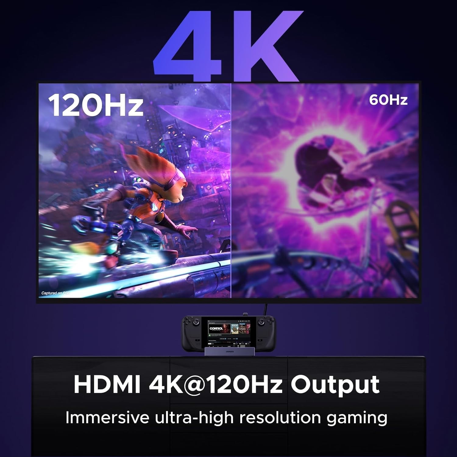 Portable Steam Deck Dock: 4K@120Hz HDMI, USB-A, USB-C & Gigabit Ethernet./