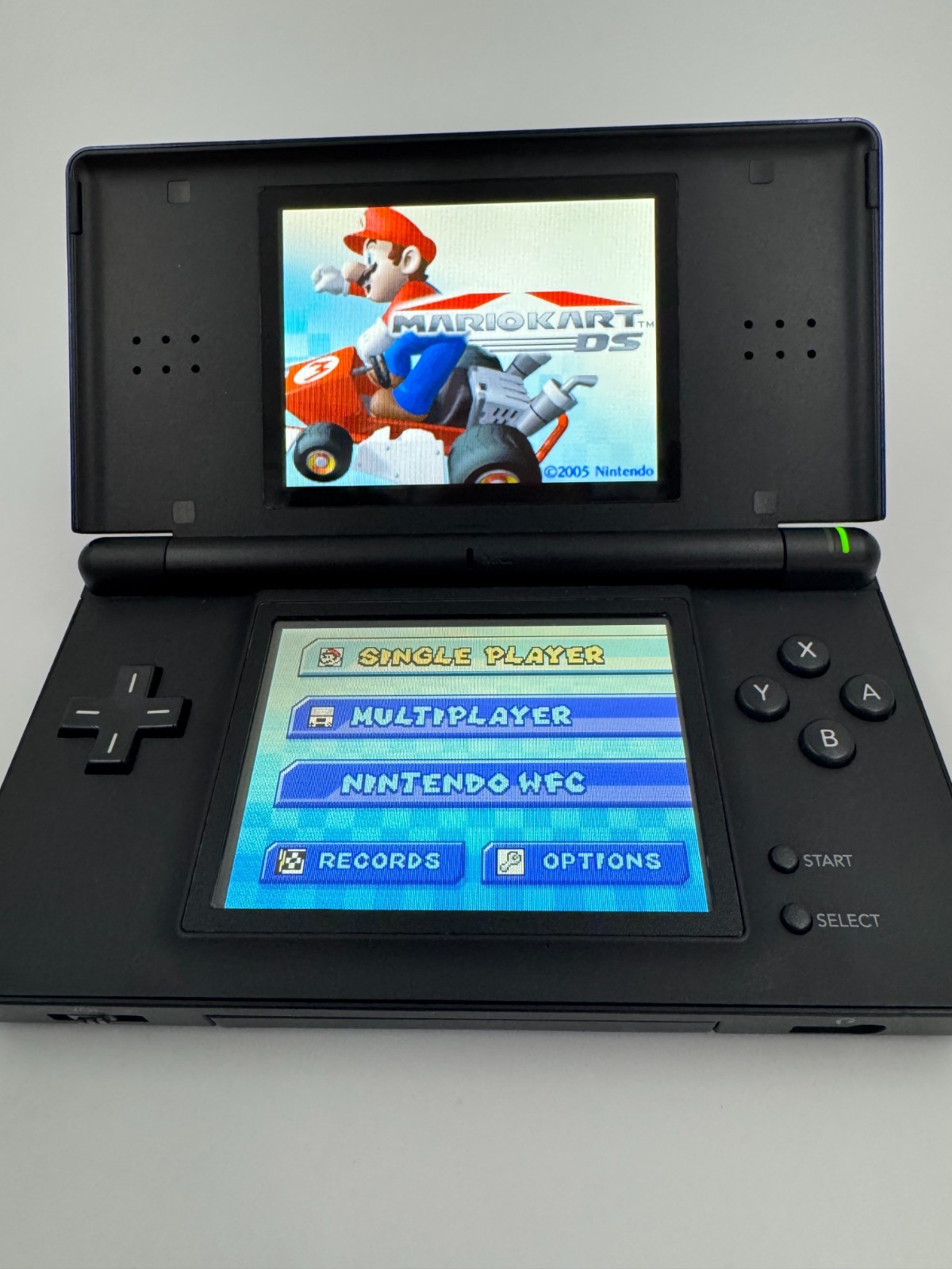 Nintendo DS Lite Cobalt Blue Black Console Bundle Charger Stylus Mario Kart DS