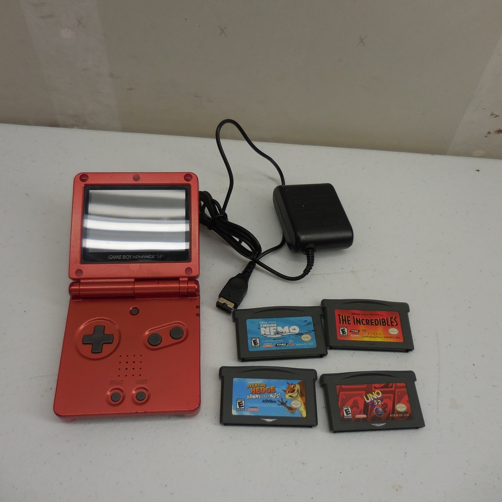 Nintendo Game Boy Advance SP Flame Red Console Bundle W/4 Games & Charger Tested