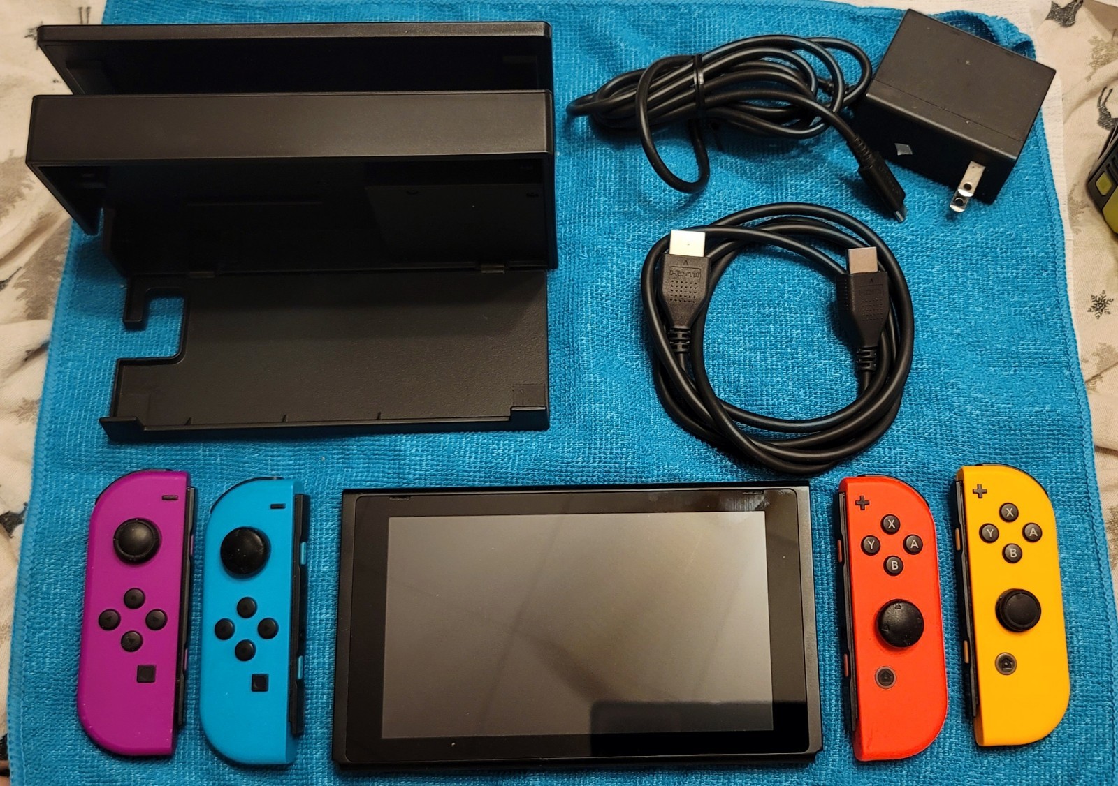 Nintendo Switch System Console w/Neon Red & Blue Joy-Cons + Dock & Extras