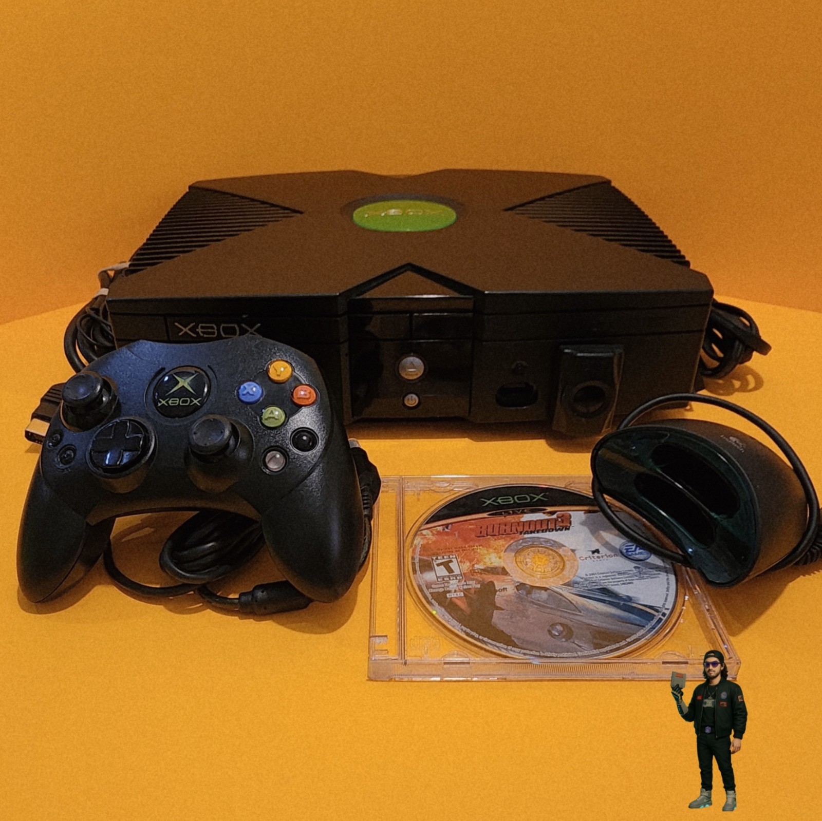 Original Xbox Console Tested DVD Logitech Wireless Adapter Controller Burnout 3