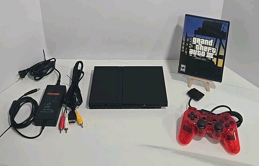 PS2 Slim Black Playstation 2 Console SCPH-77001 Grand Theft Auto III Bundle VGC