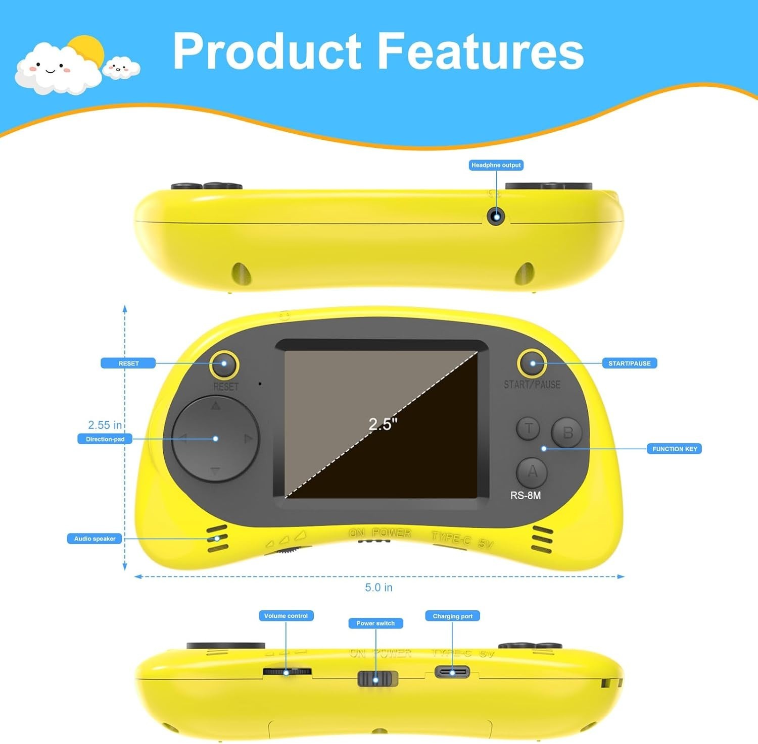Kids Handheld Game Player – 220 Built-in Games, 2.5″ IPS Display, Rechargeable