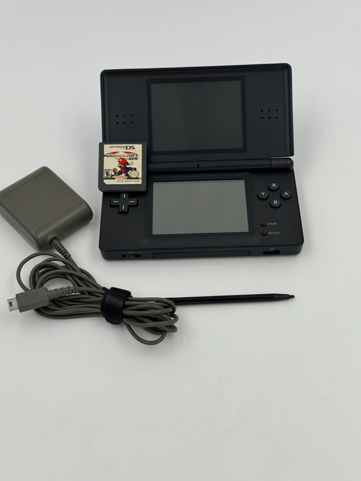 Nintendo DS Lite Cobalt Blue Black Console Bundle Charger Stylus Mario Kart DS