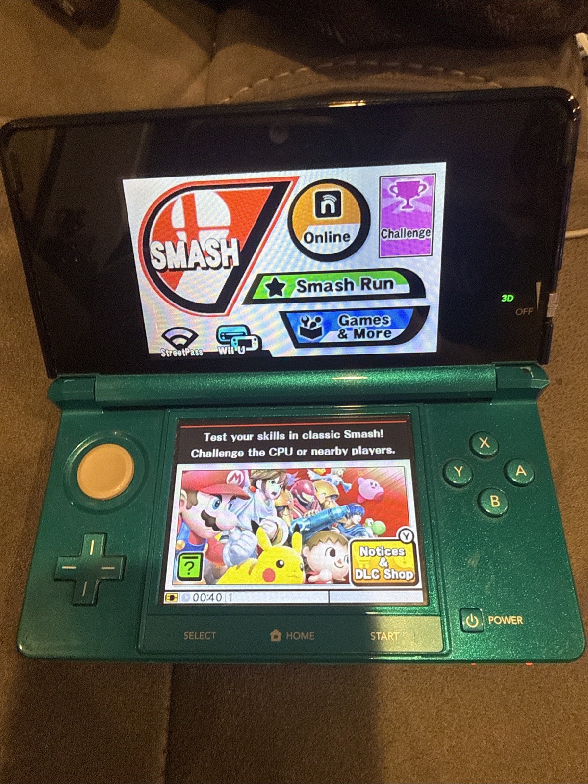 Nintendo 3DS Original Aqua Blue Teal System & Super Smash Brothers Game Charger