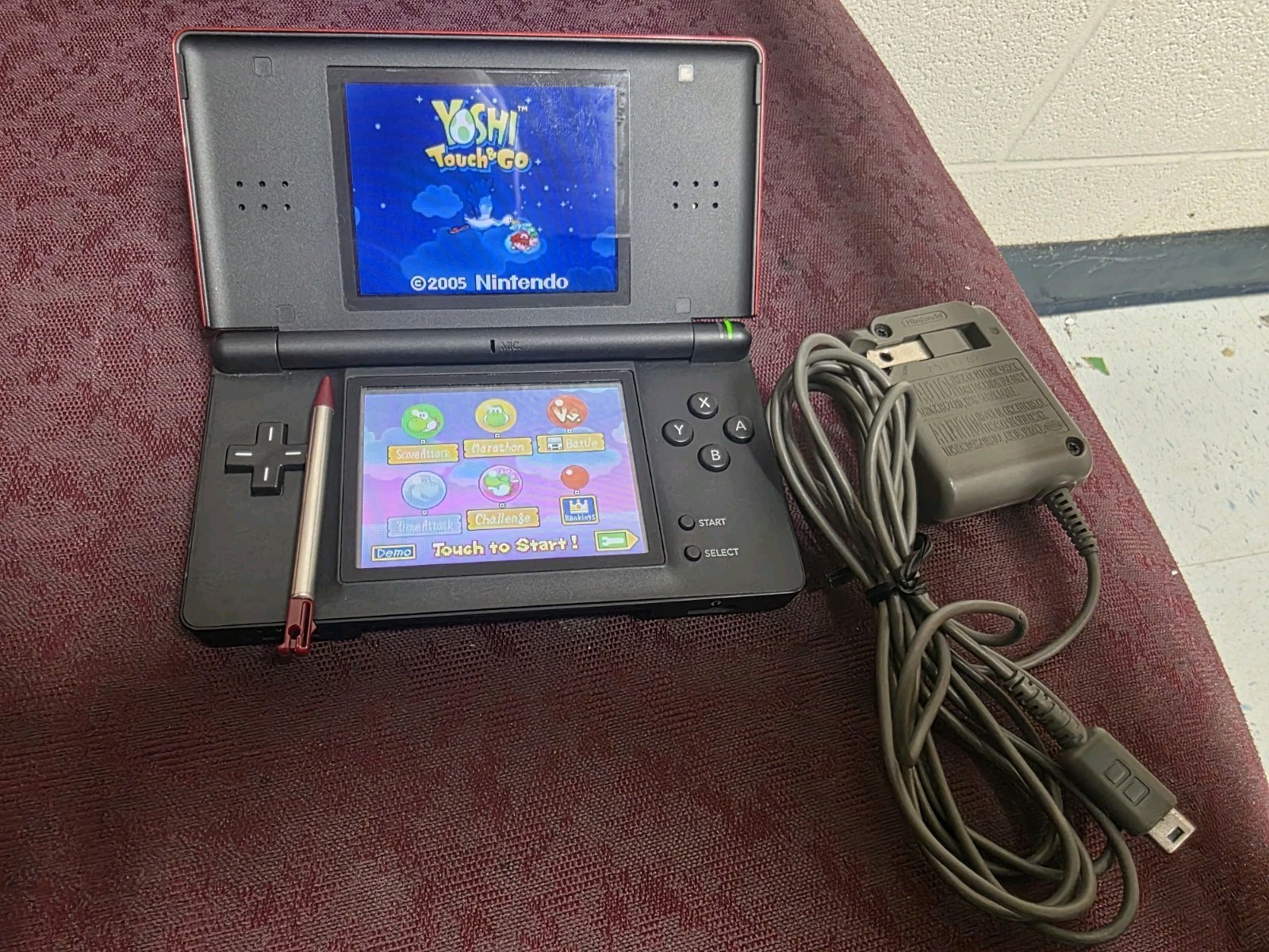 Nintendo DS Lite Crimson-Red/Black W/Yoshi Touch & Go, Stylus, & Charger-Clean!