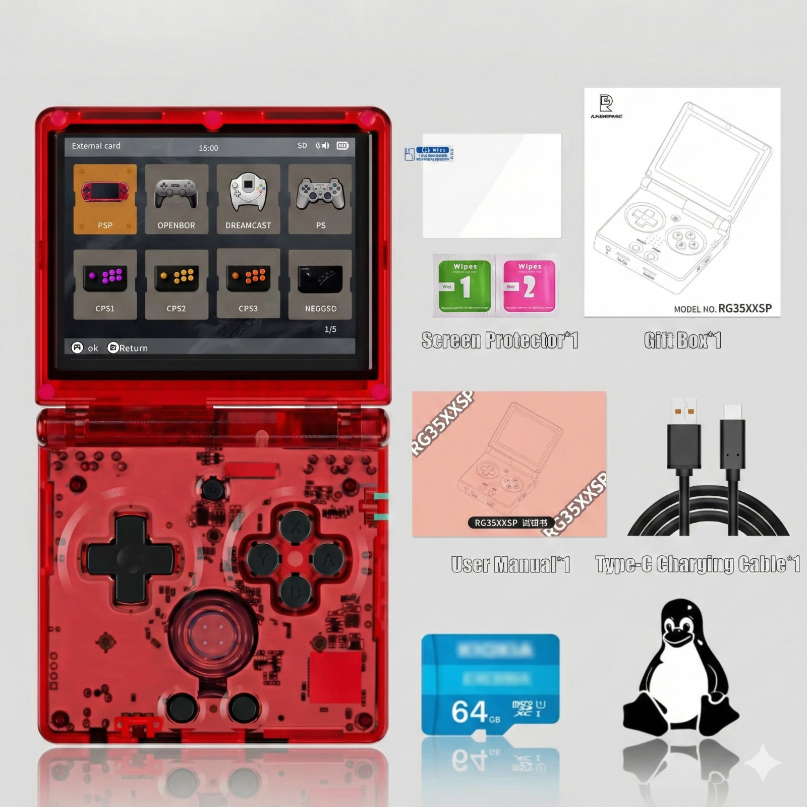 Anbernic RG35XXSP flip handheld console 64 GB Linux 3.5″ IPS WiFi HDMI red DE