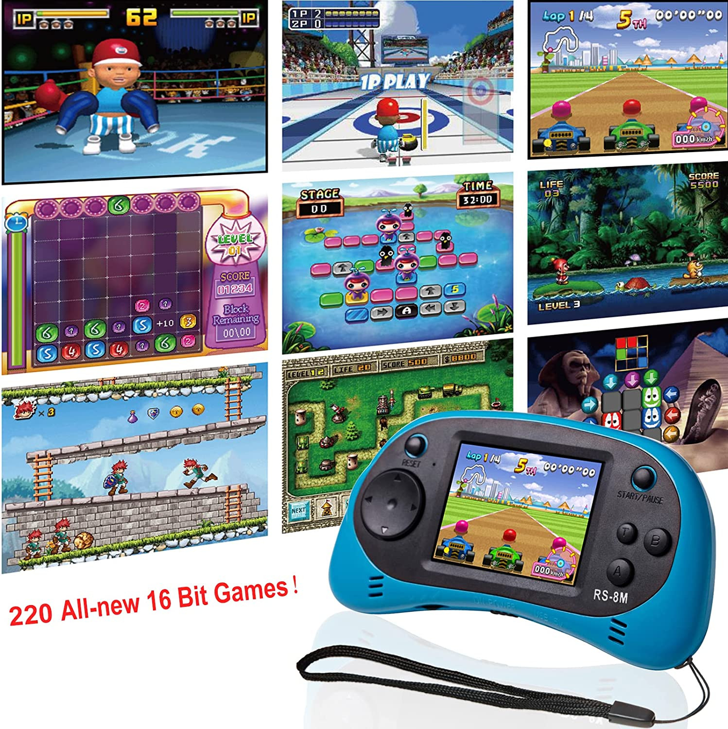 16 Bit Kids Handheld Games Built-In 220 HD Video Games, 2.5 Inch Portable Game
