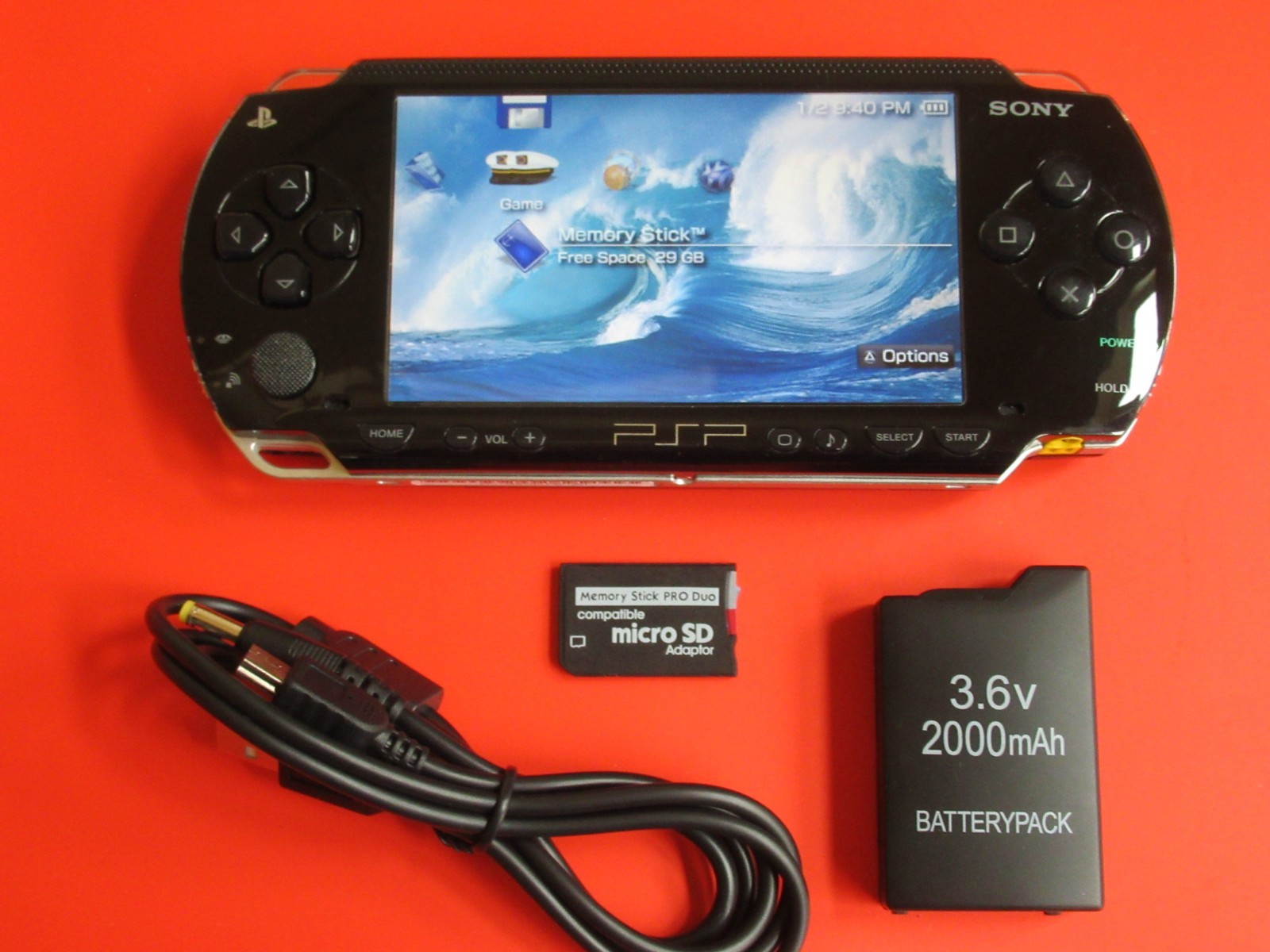 PSP 1000 Piano Black w/ Ark-4 USB power/data HQ battery 32gb, WORKING