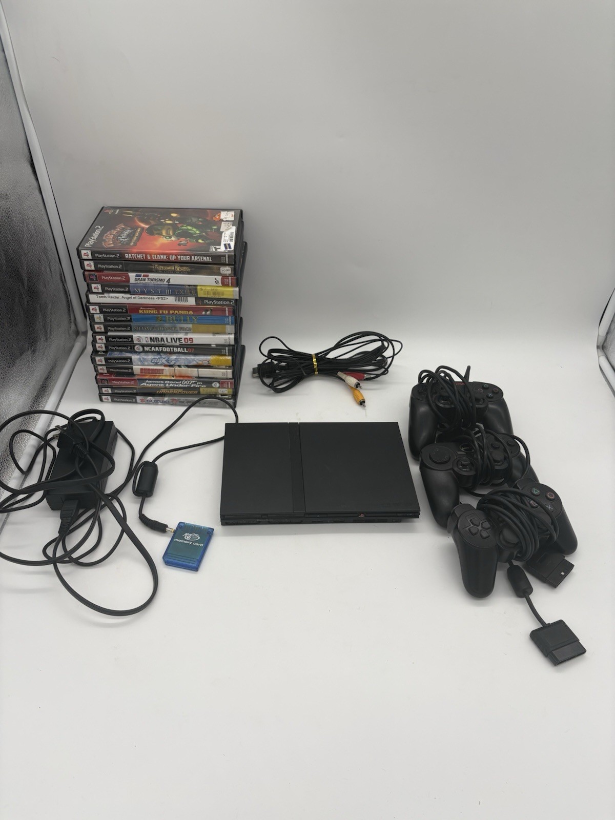 Sony PlayStation 2 Black PS2 Slim Console Lot 3Controller Memory Card 15 Games