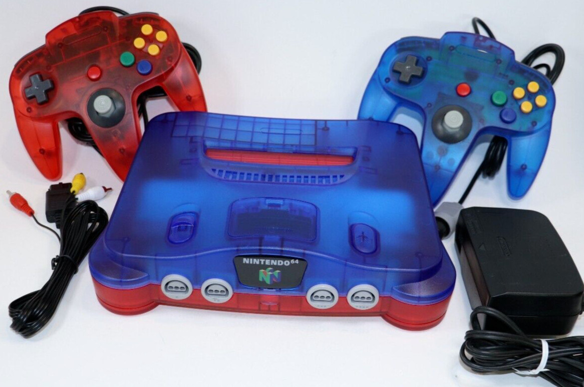 CUSTOM N64 Nintendo 64 Console MARIO COLORS RED & BLUE TRANSLUCENT 2 CONTROLLERS
