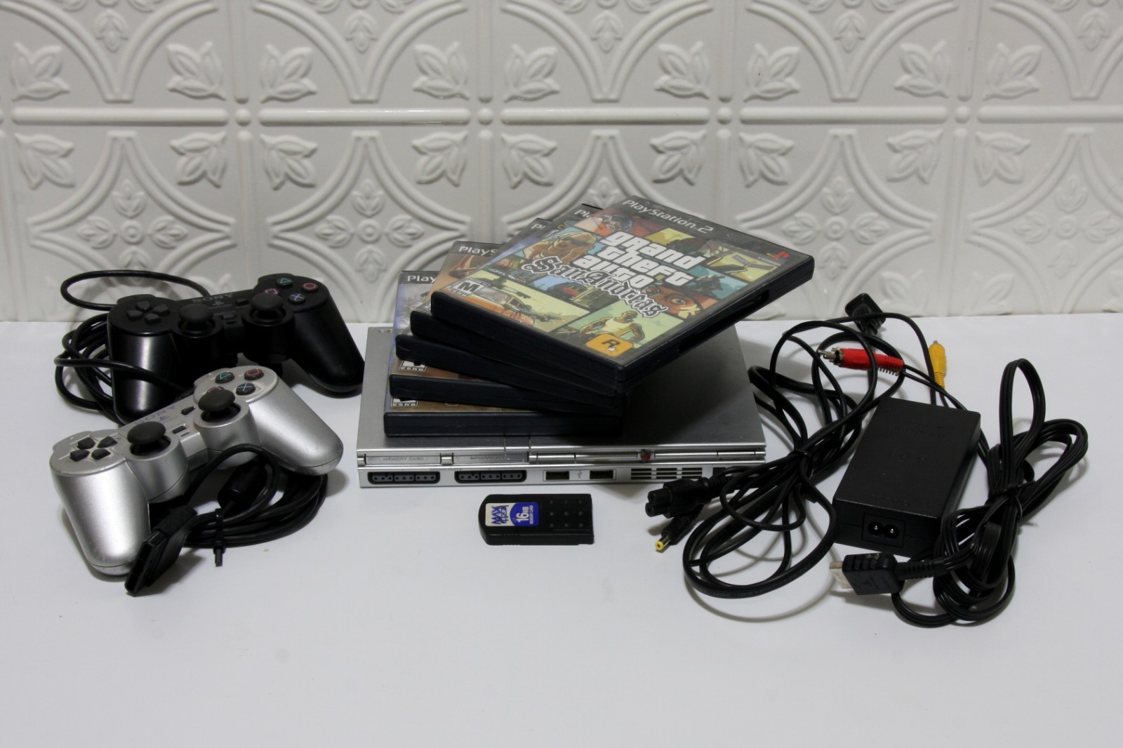 Playstation 2 PS2 Slim Console Silver 2 Controllers 5 Games 16MB Memory Card