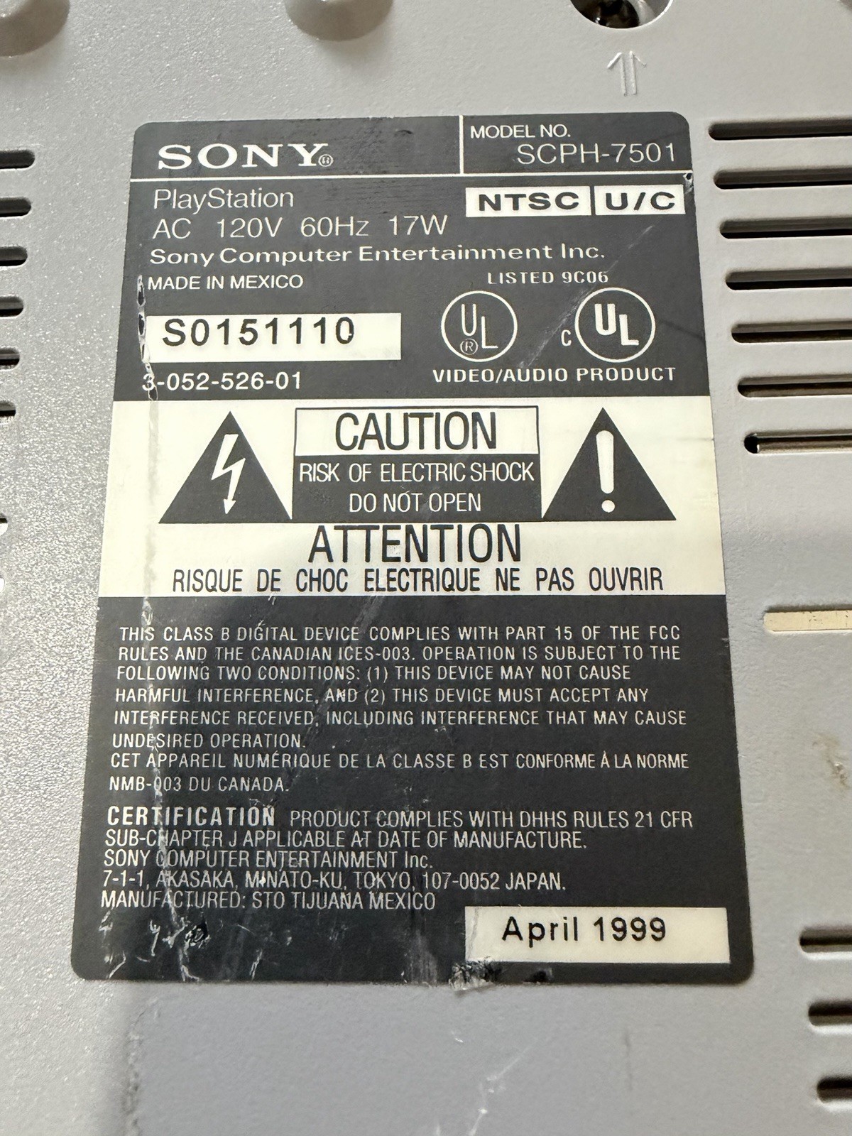 Sony PlayStation 1 Console SCPH-7501 NTSC-U/C for Parts/Repair