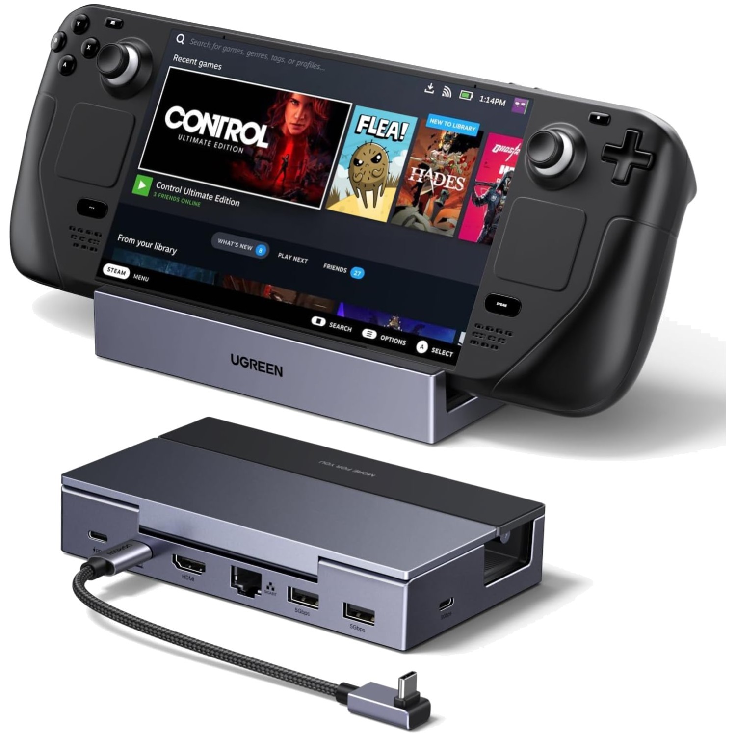 Portable Steam Deck Dock: 4K@120Hz HDMI, USB-A, USB-C & Gigabit Ethernet;;