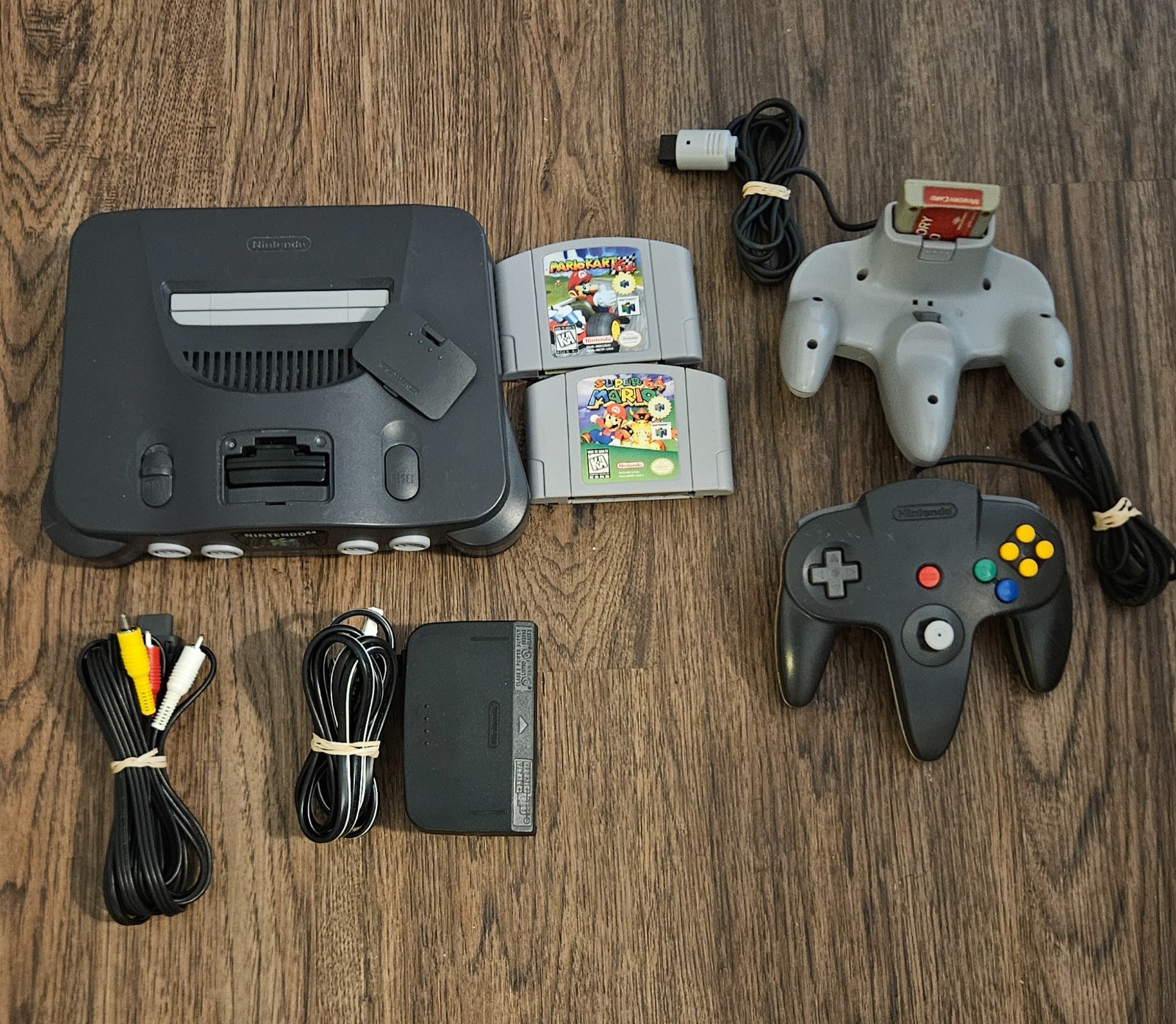 Nintendo 64 with Mario Kart 64, Super Mario 64, 2 controllers, and Cables