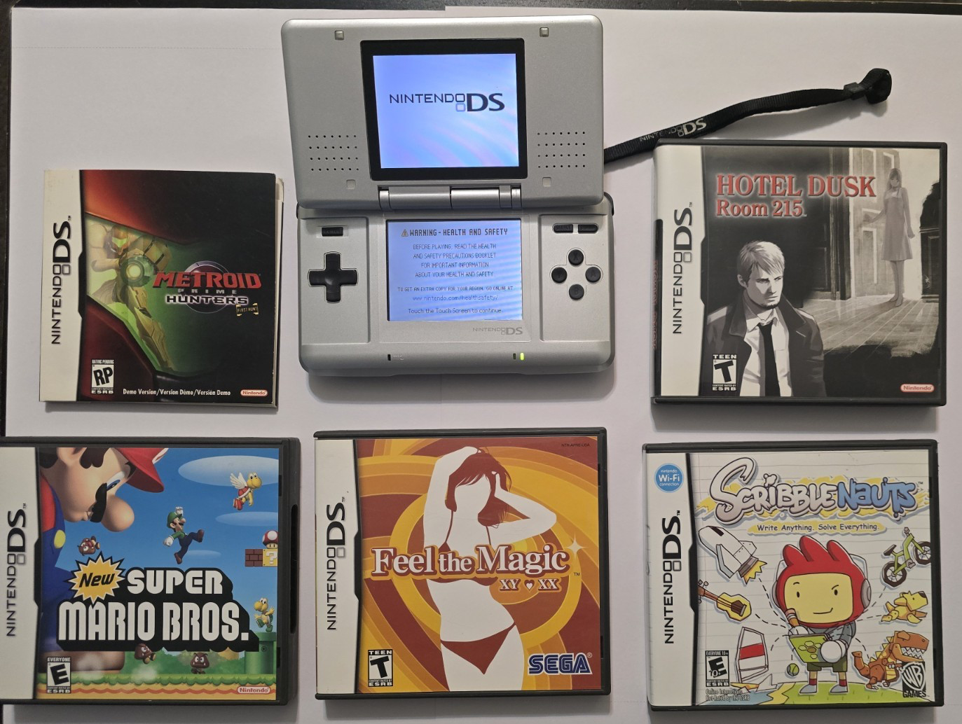 ​Nintendo DS Original Silver Console and 5 Game Bundle-Games CIB-NO Charger