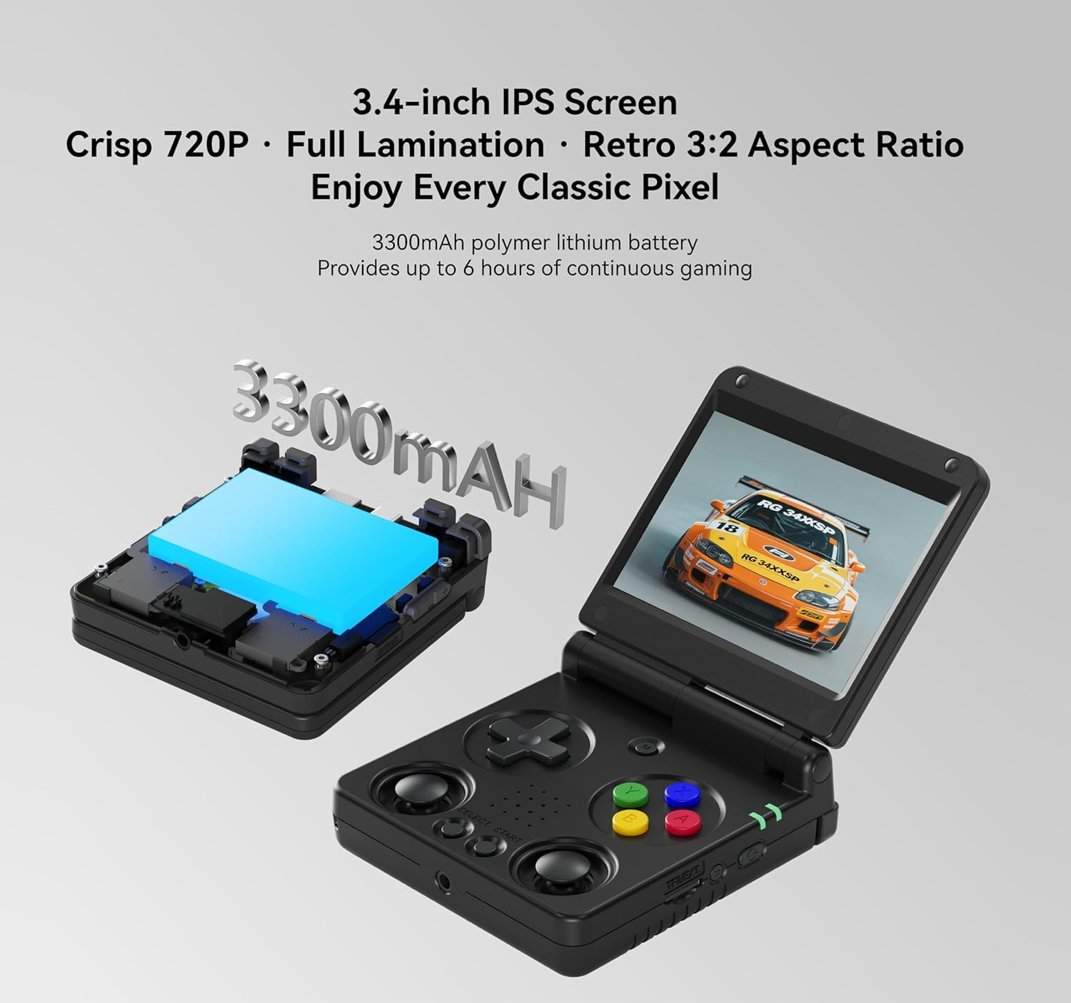 Anbernic RG34XXSP Retro Gaming Console – Flip Design, 3.4» IPS Screen 720×480,