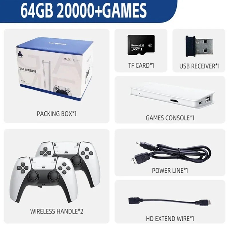 Retro Video Game Console 4K HDMI 20000+ 64G 2 Controller Wireless Game TV Stick