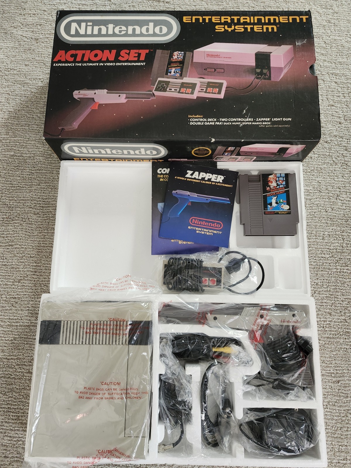 Nintendo NES Action Set Complete in Box CIB System W/ Baggies & RARE Converters!