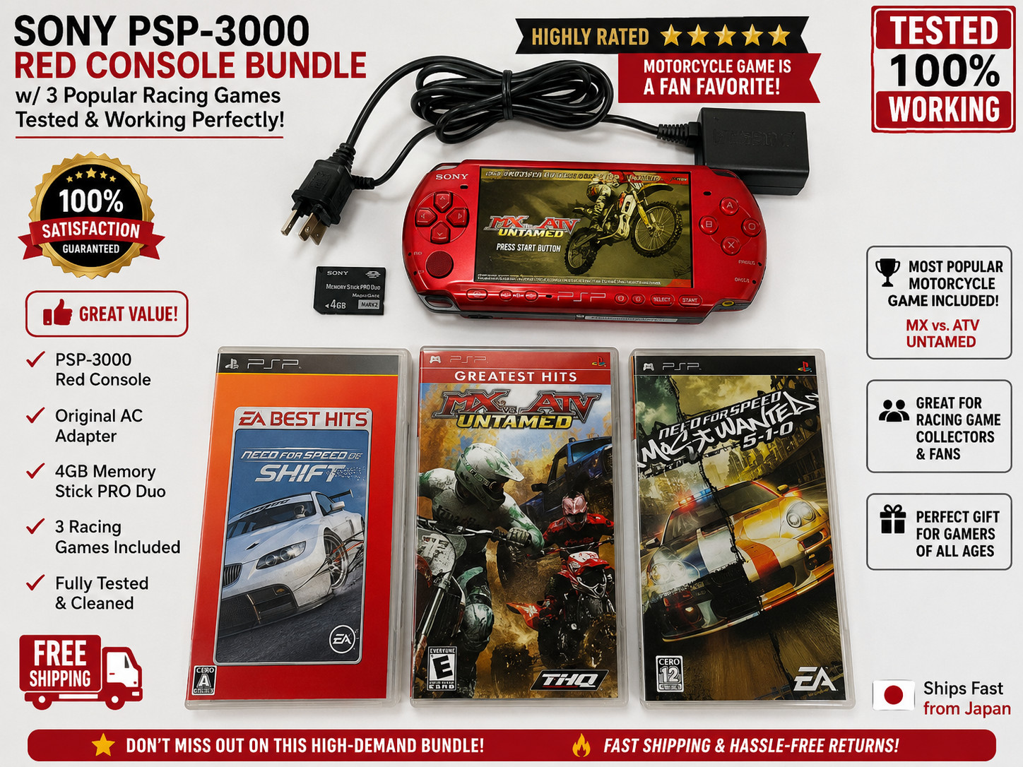Sony PSP 3000 Radiant Red Racing Bundle MX vs ATV Untamed 4GB Memory Card Charge