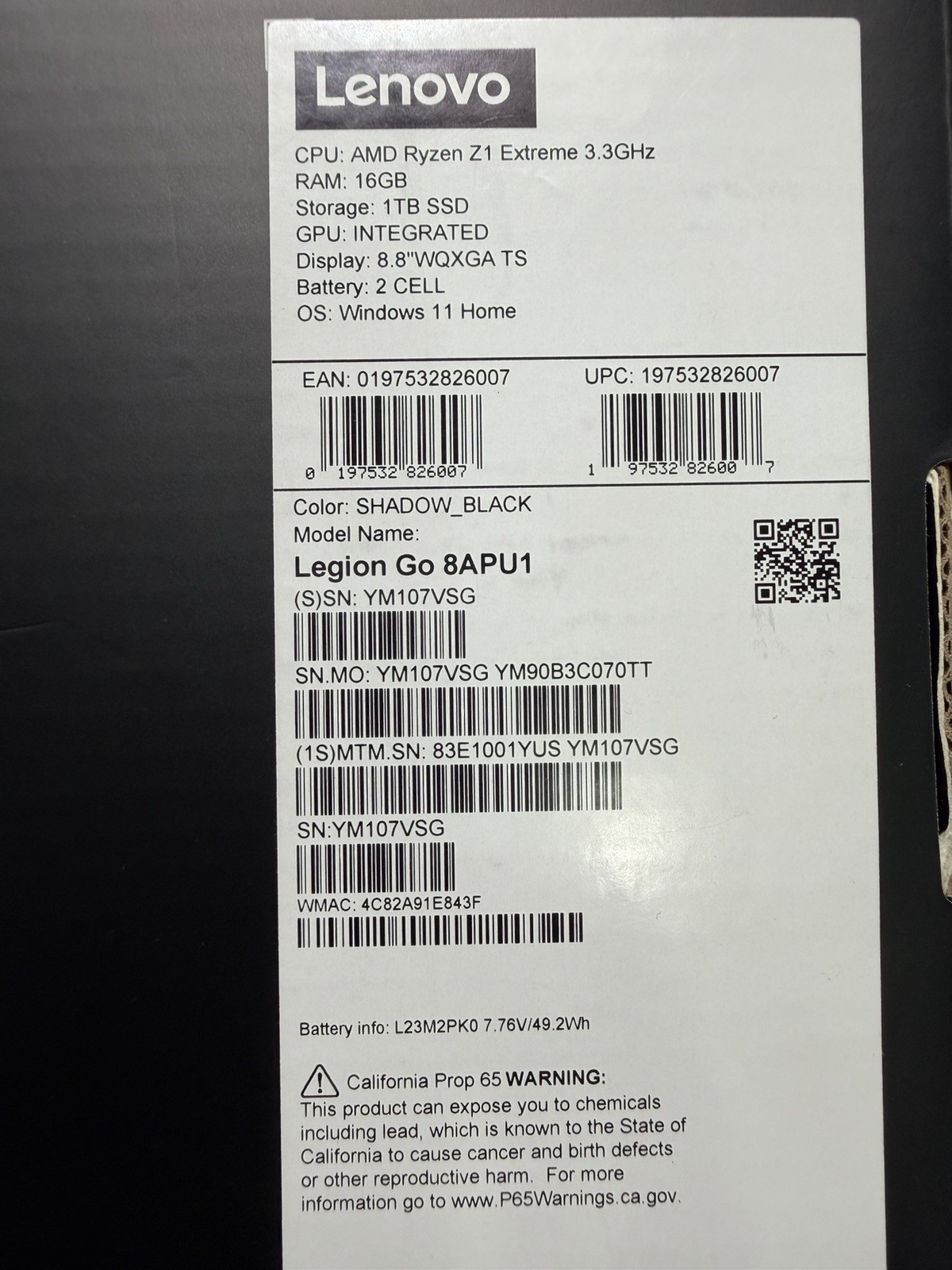 Lenovo Legion Go 8.8 144Hz WQXGA AMD Ryzen Z1 Extreme Shadow 1tb SSD 16gb Ram