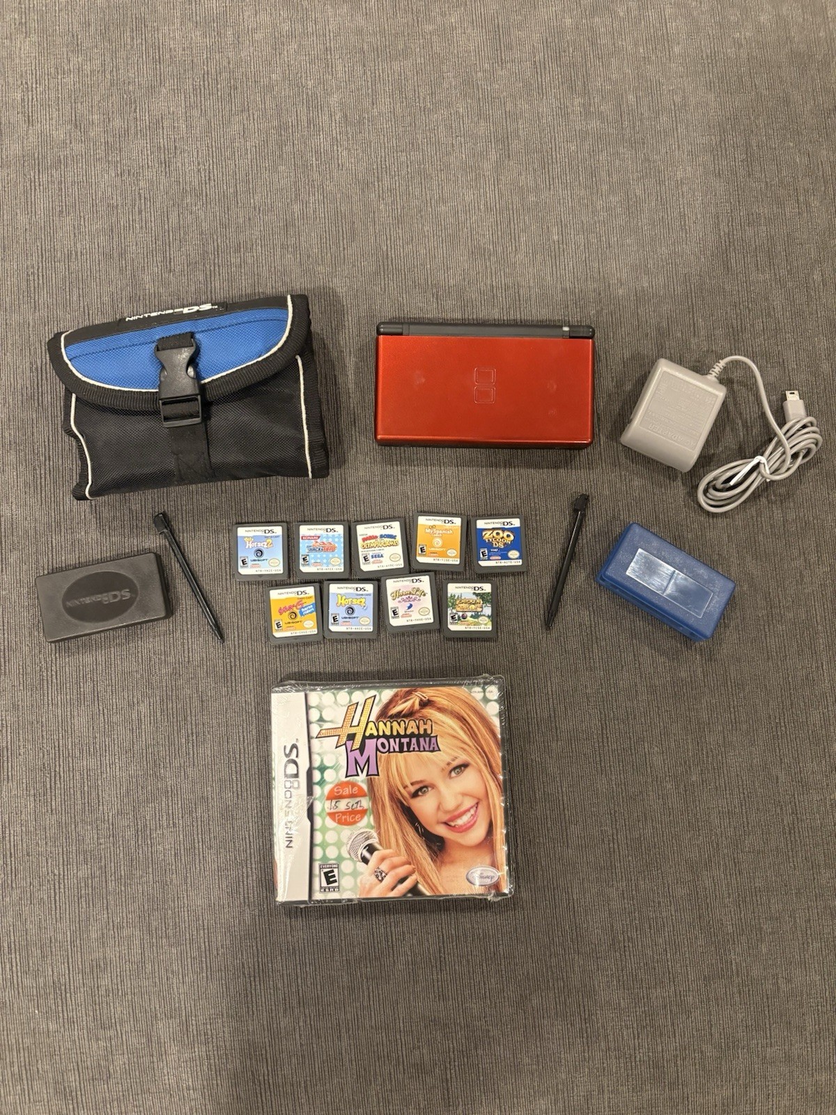 Nintendo DS Lite Red & Black Dual Screen Console + 10 Games, Case & Charger