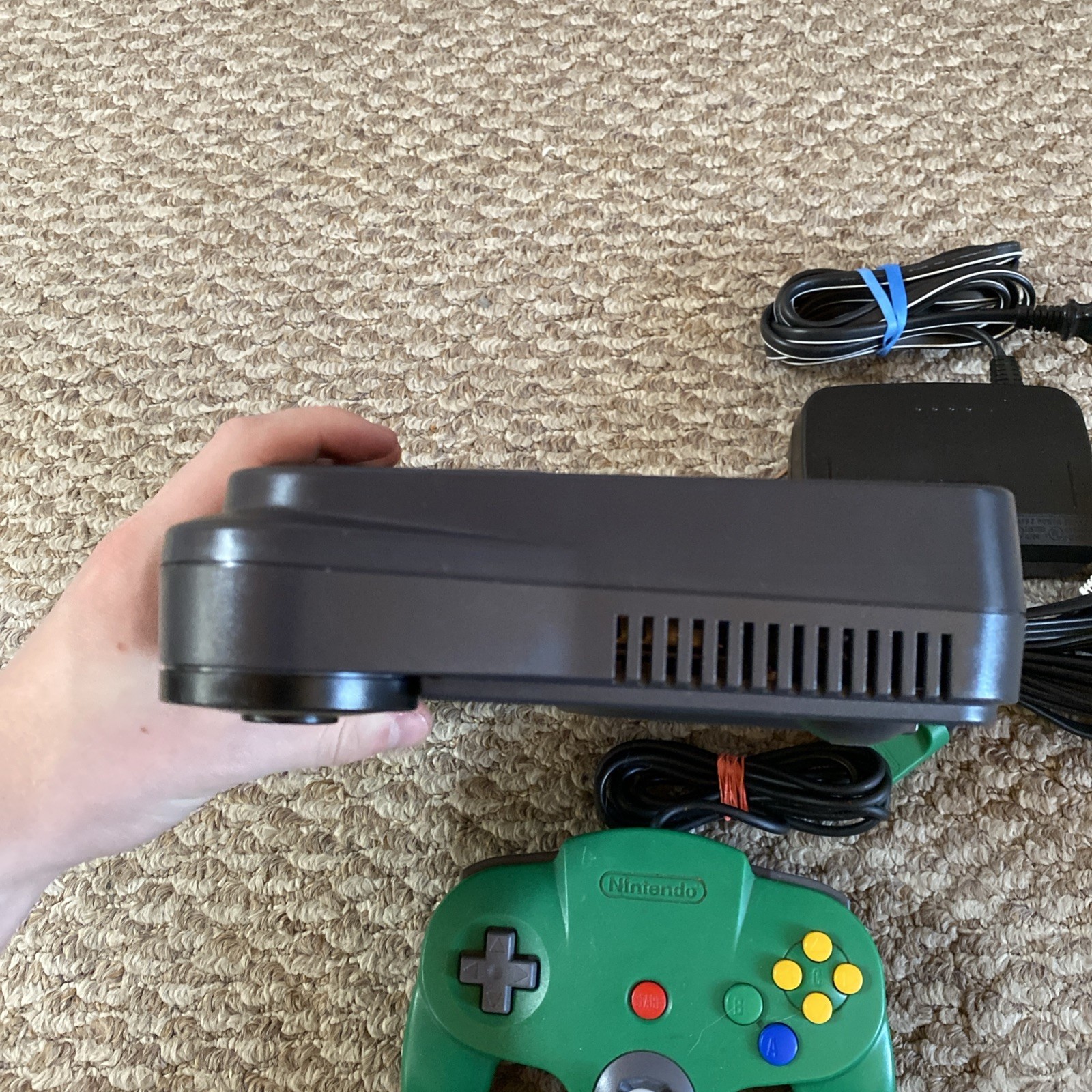 Nintendo 64 Black Console N64 w/ Green Controller Power & AV Cables ALL OEM