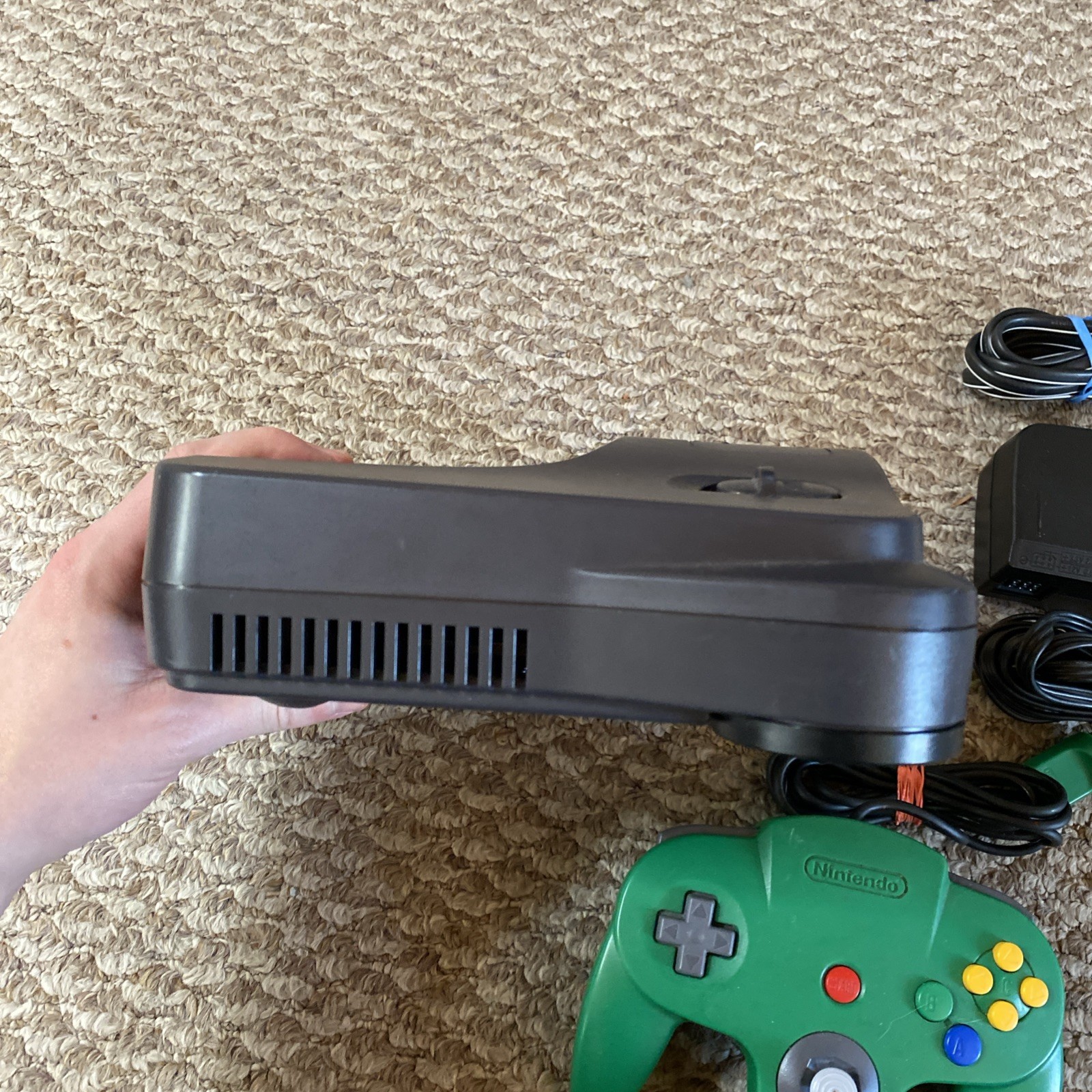 Nintendo 64 Black Console N64 w/ Green Controller Power & AV Cables ALL OEM
