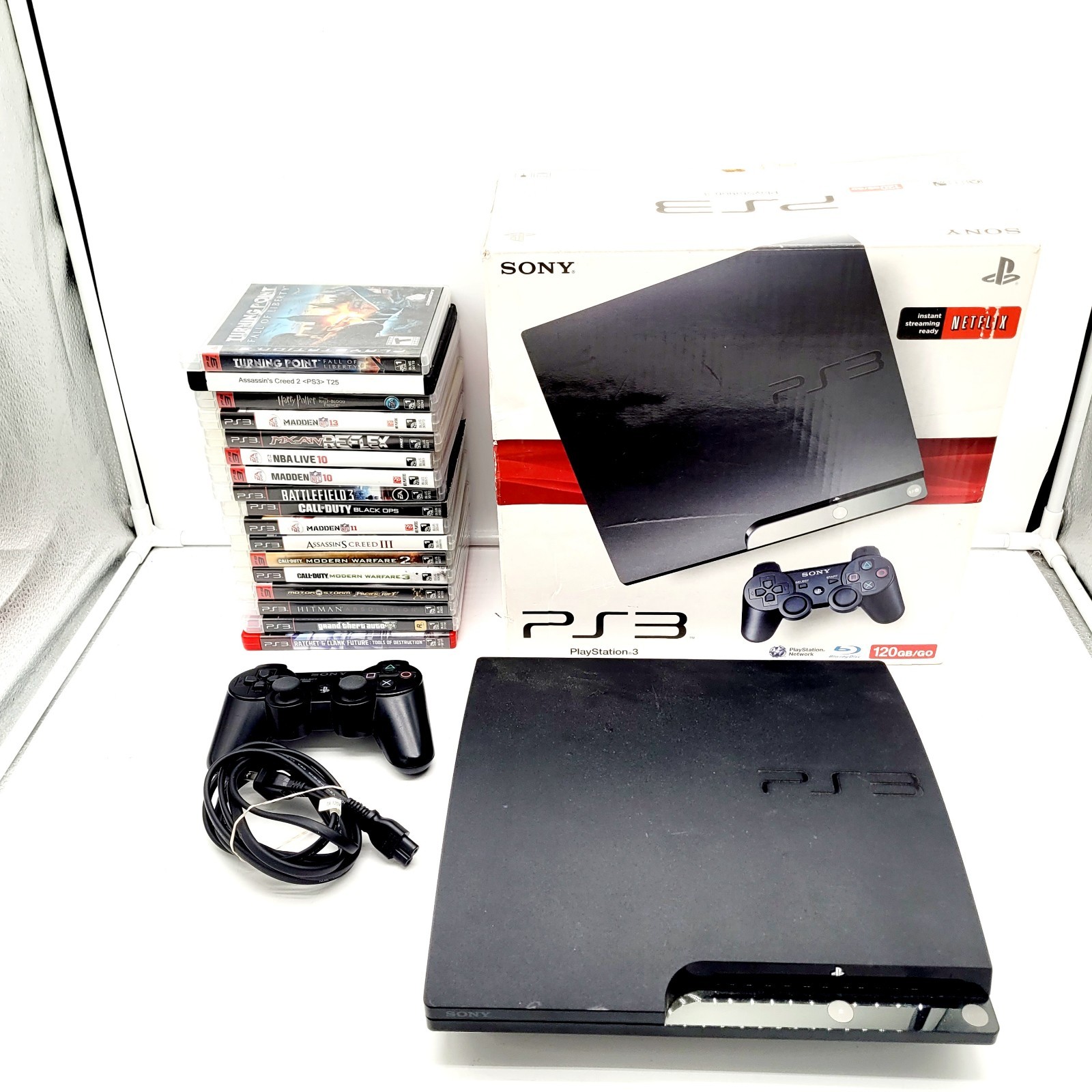 Sony PlayStation 3 PS3 Slim Console Bundle Box Controller Cords + 16 CIB Games
