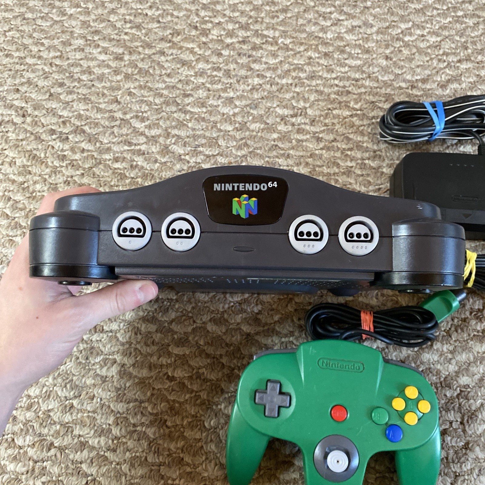 Nintendo 64 Black Console N64 w/ Green Controller Power & AV Cables ALL OEM