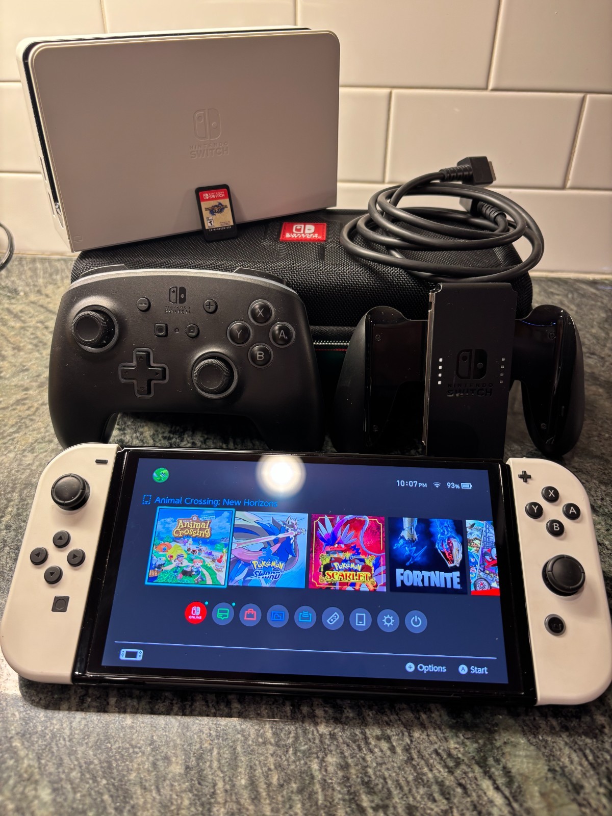 Nintendo Switch OLED White Bundle Dock Charger Pro Controller Case Game Included