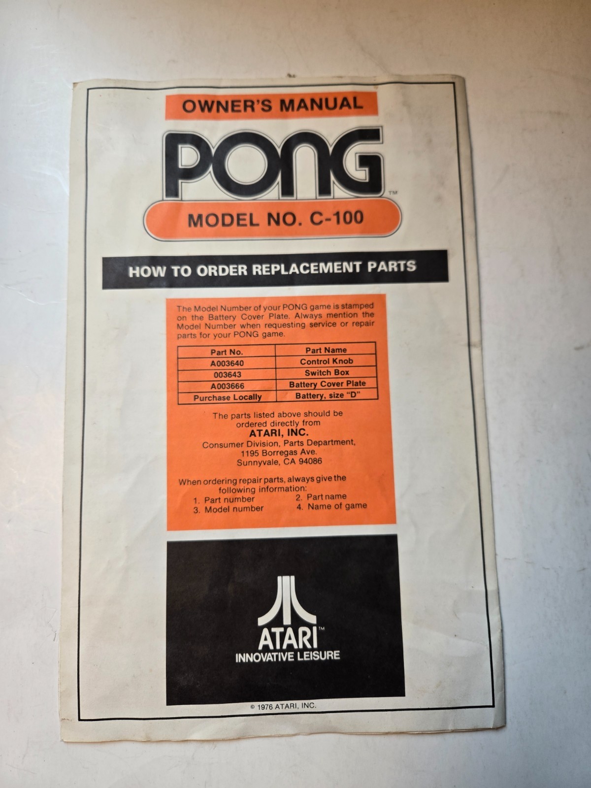 Atari C-100 Pong Console in original box with instructions