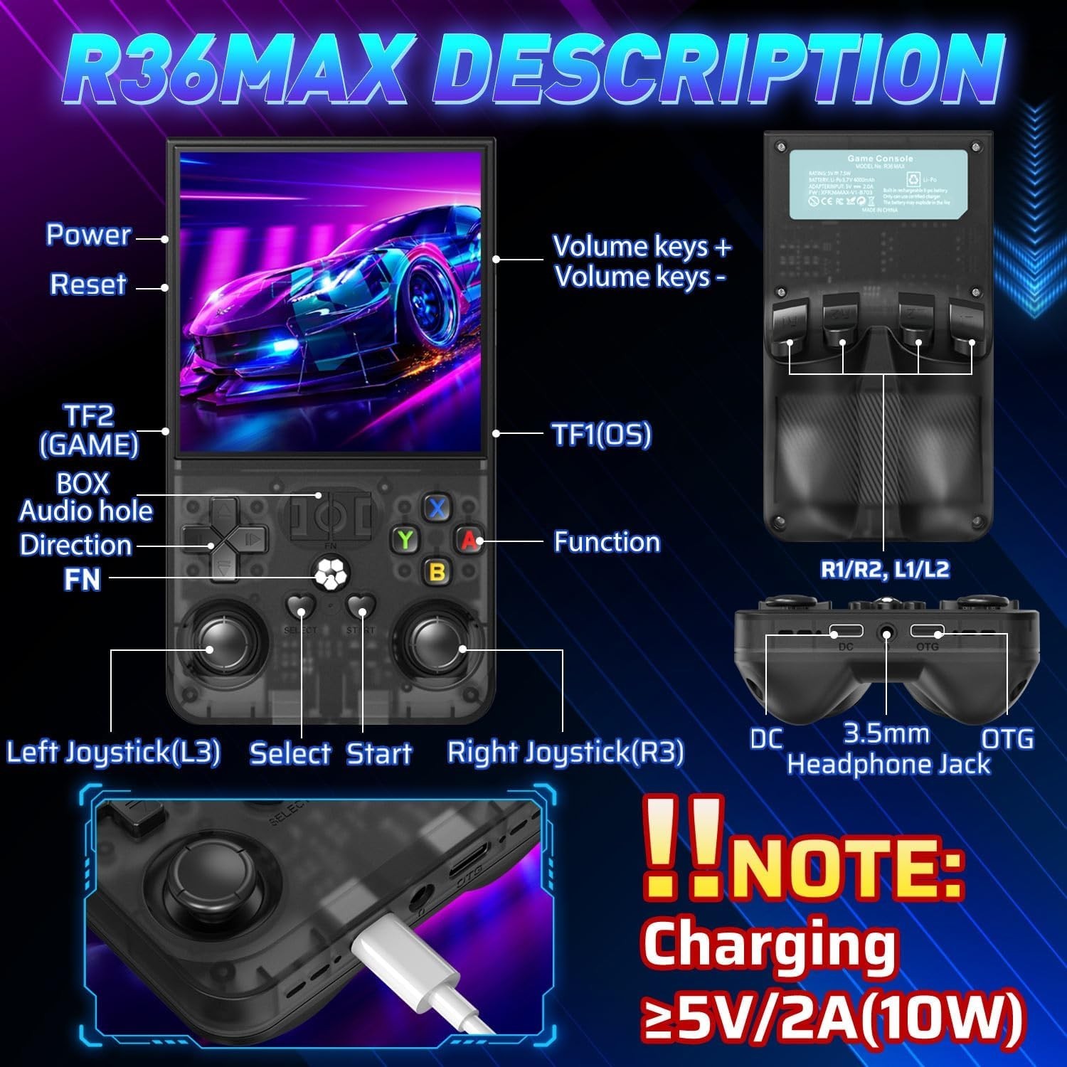 R36MAX Retro Handheld Game Console, 4.0 Inch IPS HD Screen Portable Retro Gam…
