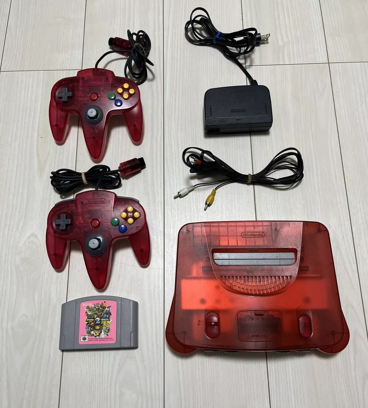 【TESTED】Nintendo 64 N64 Console Water Melon Clear Red + Controller × 2 + Game