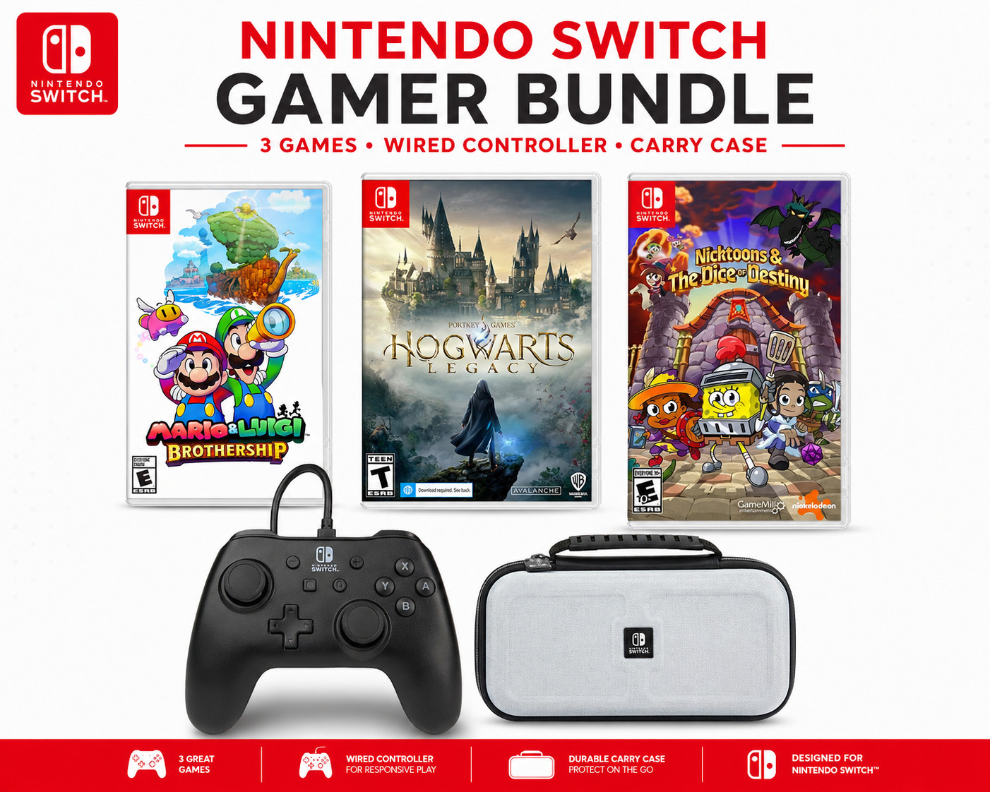 Nintendo Switch 5 Item Bundle-Games & Accessories (3 Games + Controller & Case)