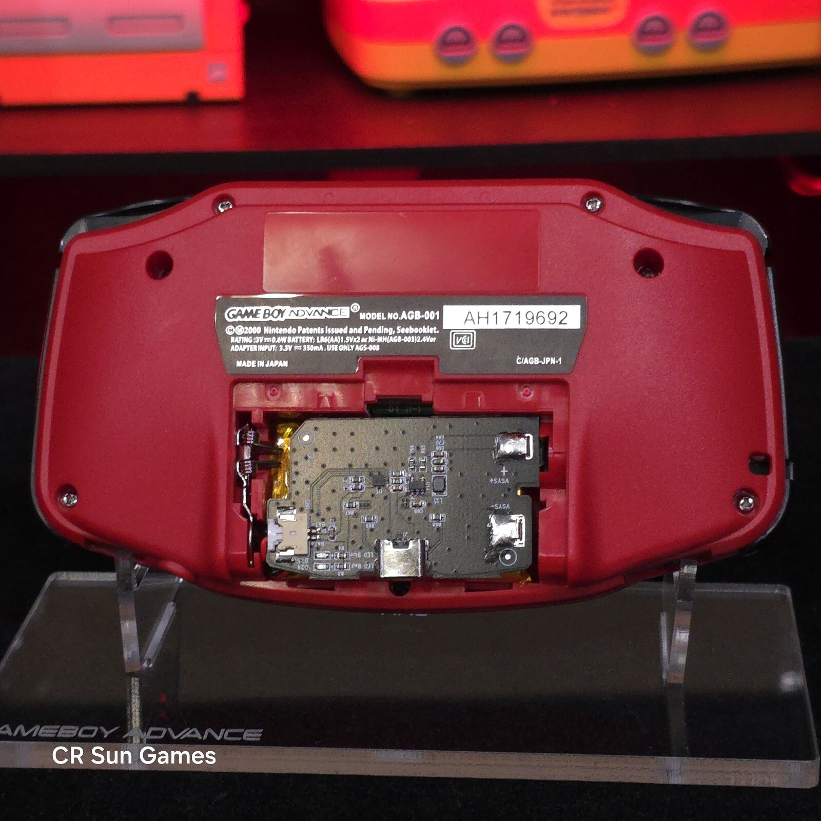 Red Game Boy Advance GBA iPS V5 LCD USB-C 1800 mAh Rechargeable Battery
