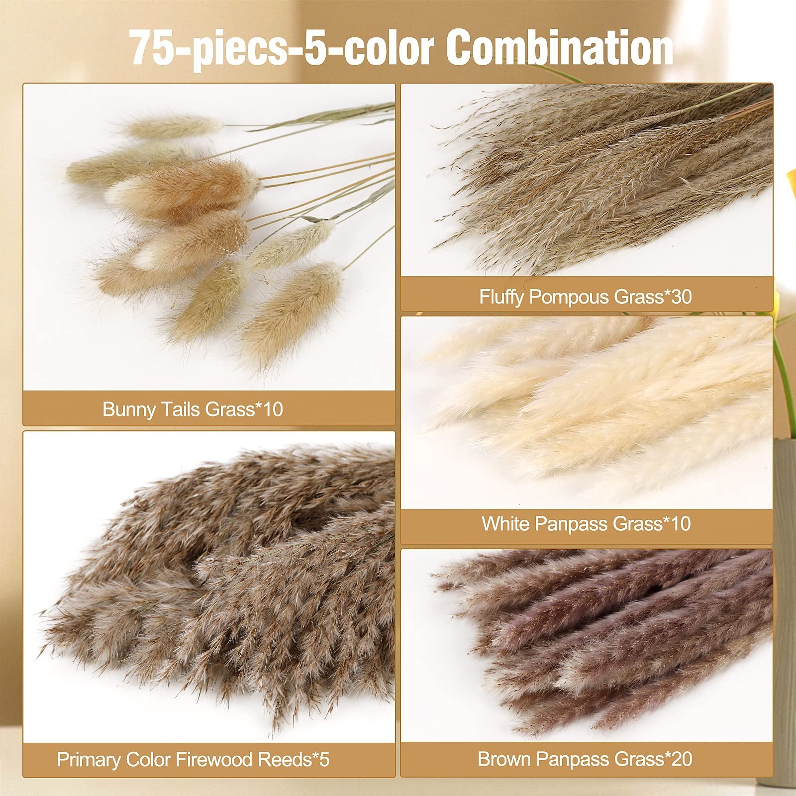 N&T NETING 75Pcs Pampas Grass Decor-10Pcs White Pampas Grass, 20Pcs Brown Pam…