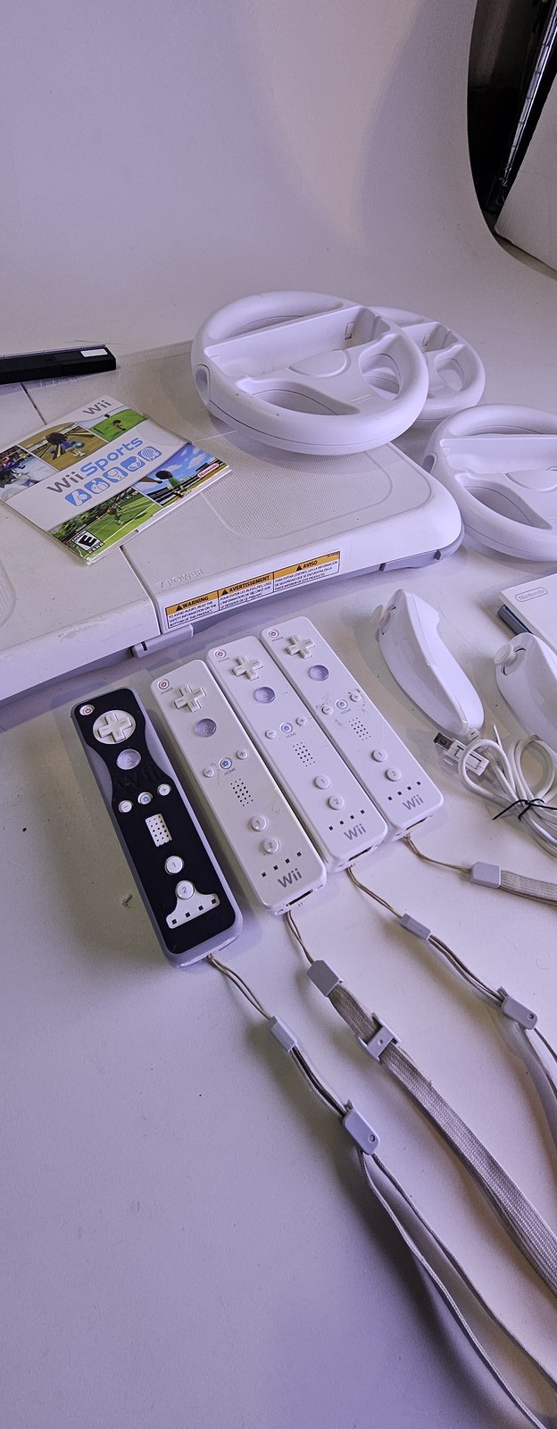 Nintendo Wii Console Bundle w/ 4 Remotes, 3 Nunchucks, 3 Wheels, Wii Sports Game